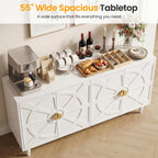 RoyalCraft Buffet Cabinet with Storage, Vintage Sideboard with Ship Wheel Pattern and 4 Doors, Wood Credenza Coffee Bar Table with Solid Wood Legs for Kitchen, Dining Room, Living Room, White