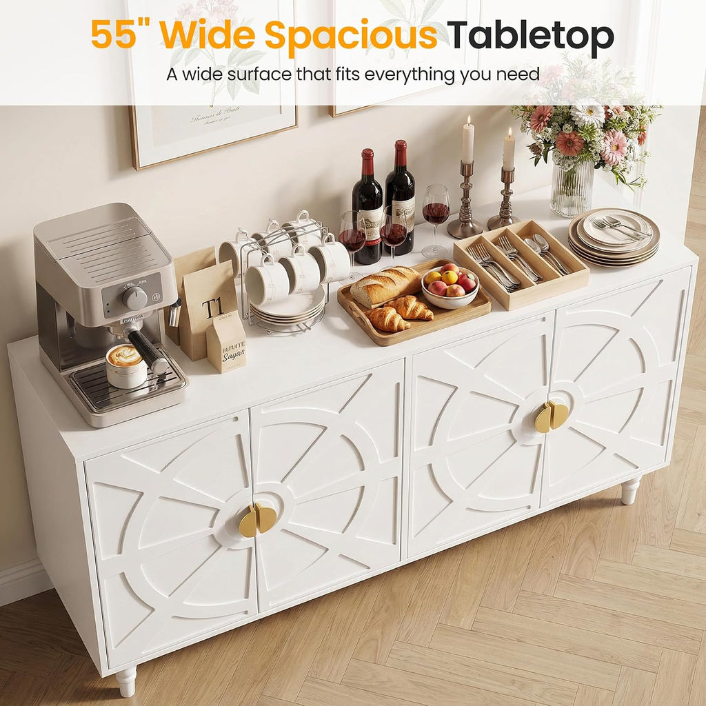 RoyalCraft Buffet Cabinet with Storage, Vintage Sideboard with Ship Wheel Pattern and 4 Doors, Wood Credenza Coffee Bar Table with Solid Wood Legs for Kitchen, Dining Room, Living Room, White