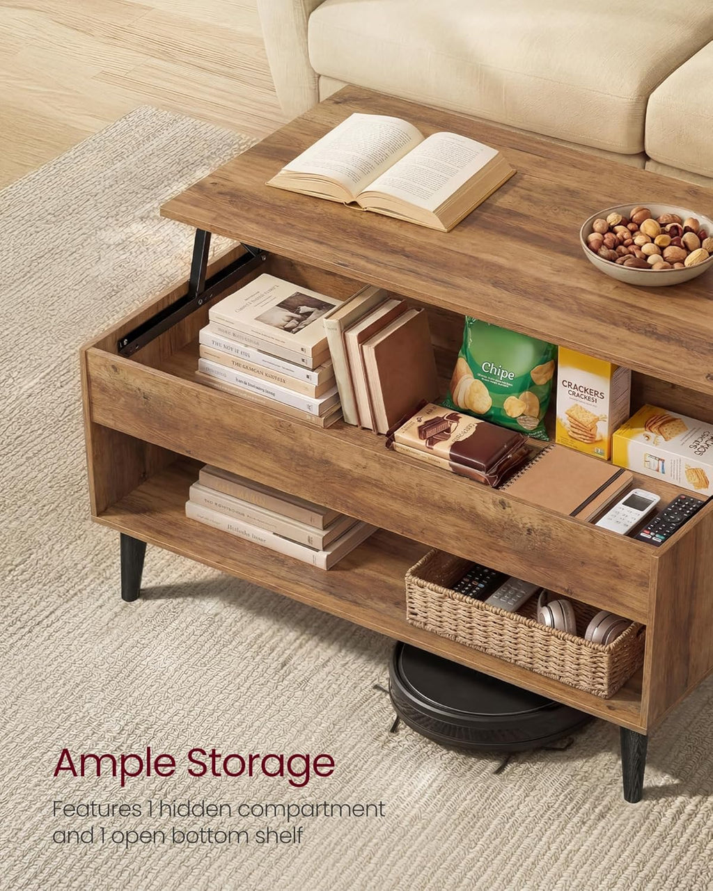 VASAGLE Lift Top Coffee Table, Lift Tabletop Dining Table, Gas Spring, Hidden Compartment, Open Storage Shelf, for Living Room, Home Office, Honey Brown ULCT268KB01S