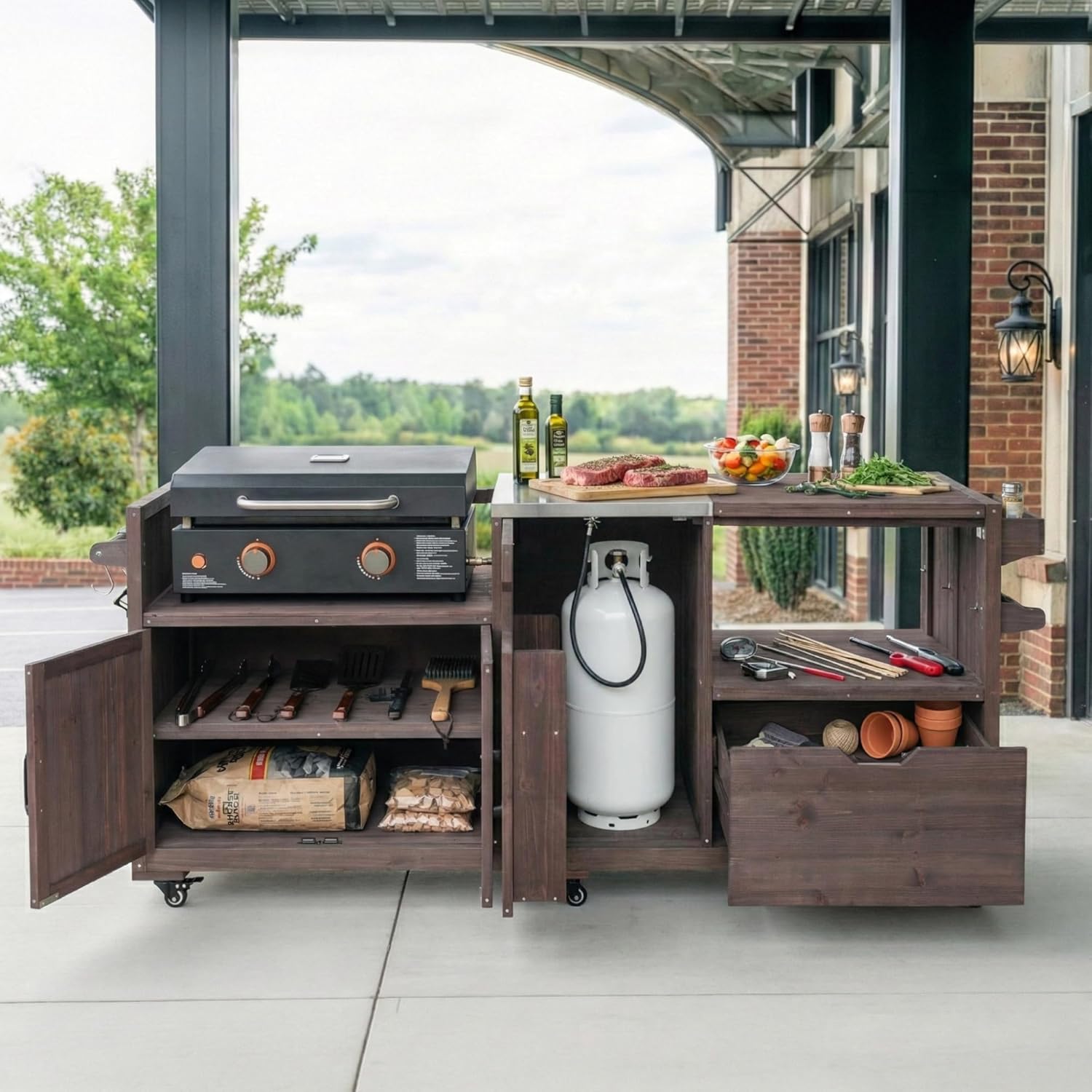 Merax 80.5" Outdoor Kitchen Island for Big Green Egg& Blackstone Griddle,Solid Wood Grill Cart Table with Stainless Steel Top,Drawer for Large Big Green Egg and 21"/28" Blackstone Griddle,Dark Brown