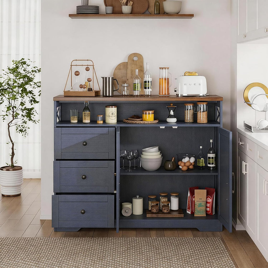 FiveWillowise 47" Blue Farmhouse Storage Cabinet with Barn Doors and Drawers, Sideboard Buffet Cabinet with Storage, Kitchen Pantry Hutch, Coffee Bar Station Table for Kitchen, Living, Dining Room