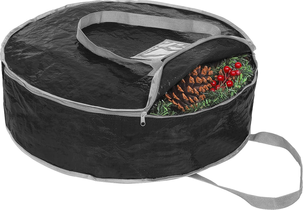 Wreath Storage Bag By Propik 30" - Garland Holiday Container Tear Resistant Material - Easy Storage Featuring Heavy Duty Handles And Transparent Card Slot 30” X 30” X 8” (Black)