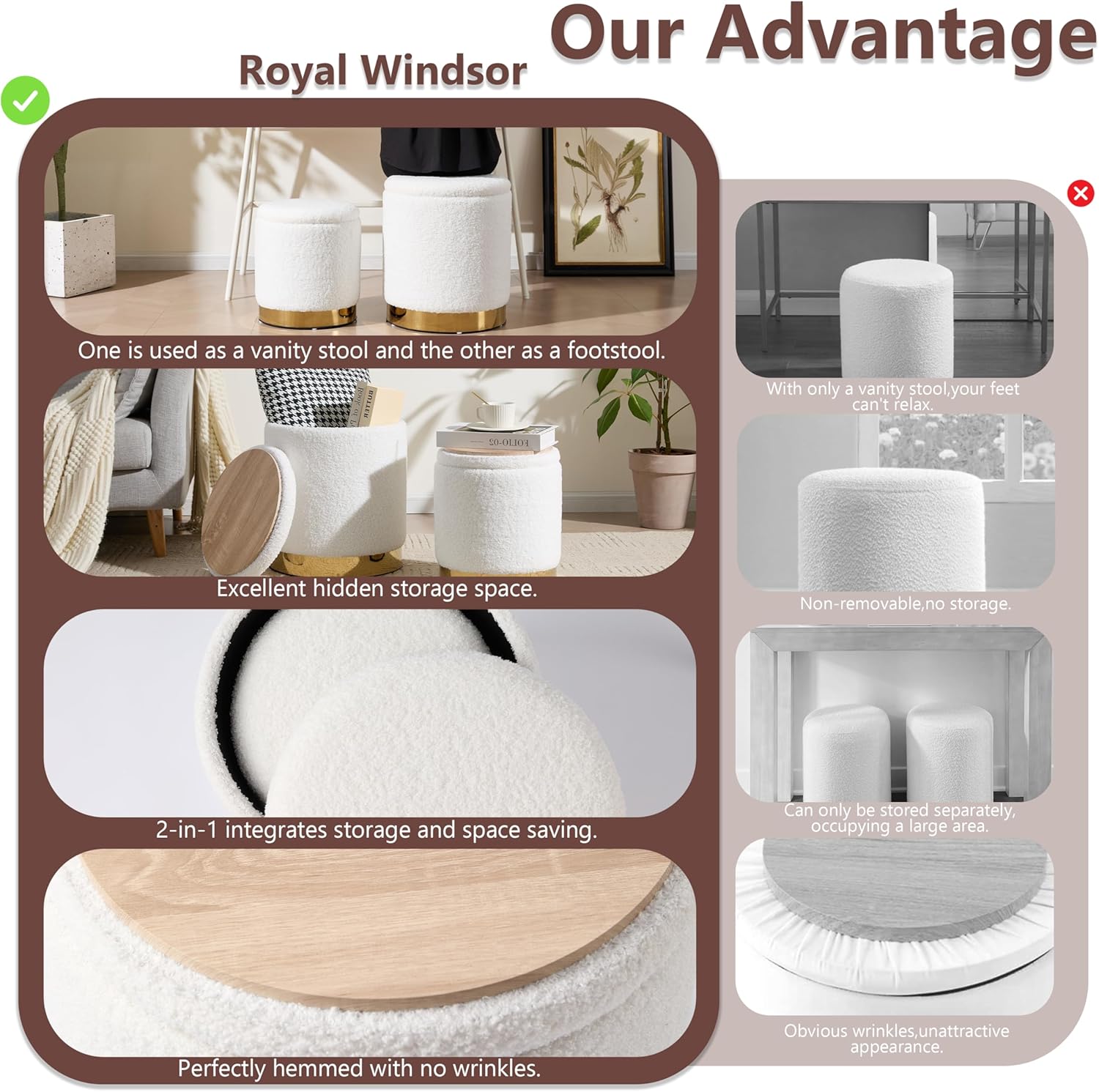 Royal Windsor Boucle Round Ottoman with Storage Set of 2, Vanity Stool with Storage for Bedroom, Ottoman Coffee Table Gold-Tone Ring Around The Base, Small Foot Stool for Living Room, White