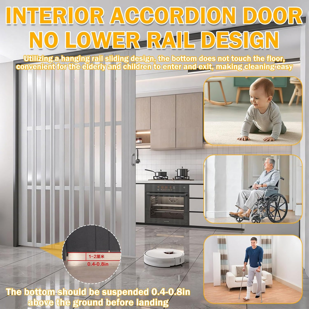 Tall White Sliding Accordion Doors with Handles & Acrylic Glass, Double Magnetic Folding Door, Customizable Size, Folding Double Doors for Closet Bathroom RV Doorway, Easy to Install, 58" Wx60 H