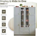 71" H Large Kitchen Pantry with 6 Doors, 53.2" L x 17.7" W Wooden Cupboard with Drawers, Pull-Out Trays, Wine Rack and Adjustable Shelves for Dining Room, Gray-Green