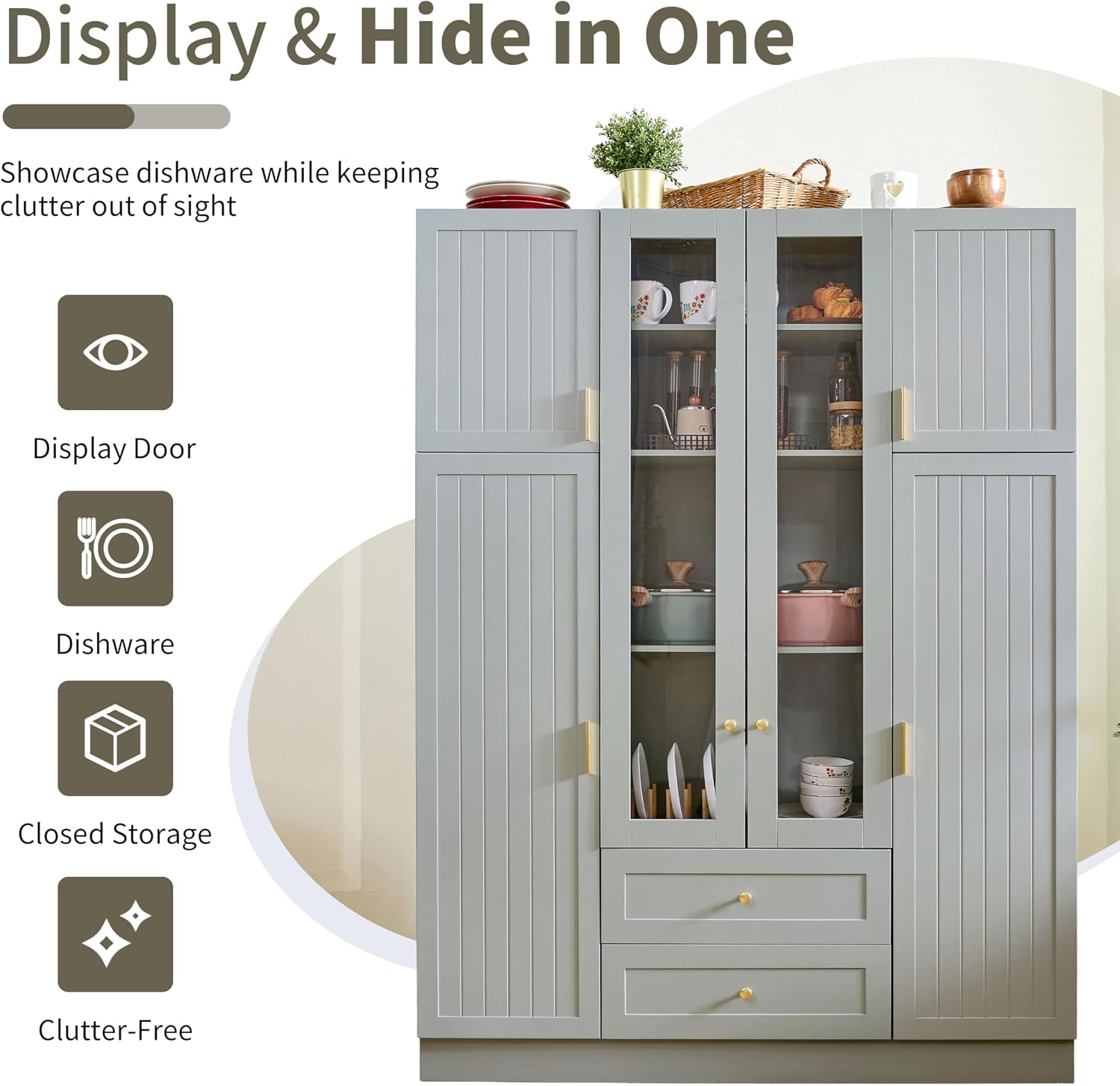 71" H Large Kitchen Pantry with 6 Doors, 53.2" L x 17.7" W Wooden Cupboard with Drawers, Pull-Out Trays, Wine Rack and Adjustable Shelves for Dining Room, Gray-Green