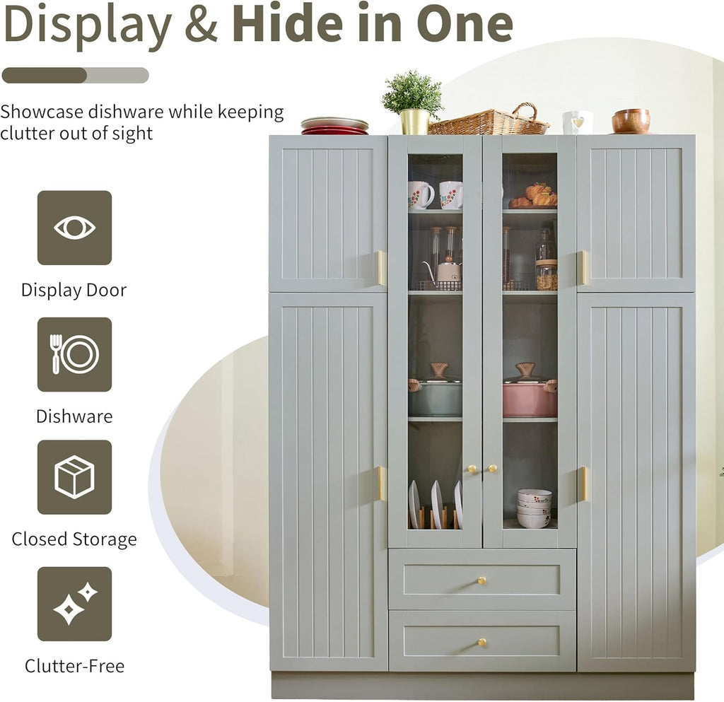 Large Kitchen Pantry Cabinet with 6 Doors and Drawers, Storage Cabinet Cupboard with Adjustable Shelves, Pull-Out Trays and Wine Rack for Dining Room, Kitchen (Green)