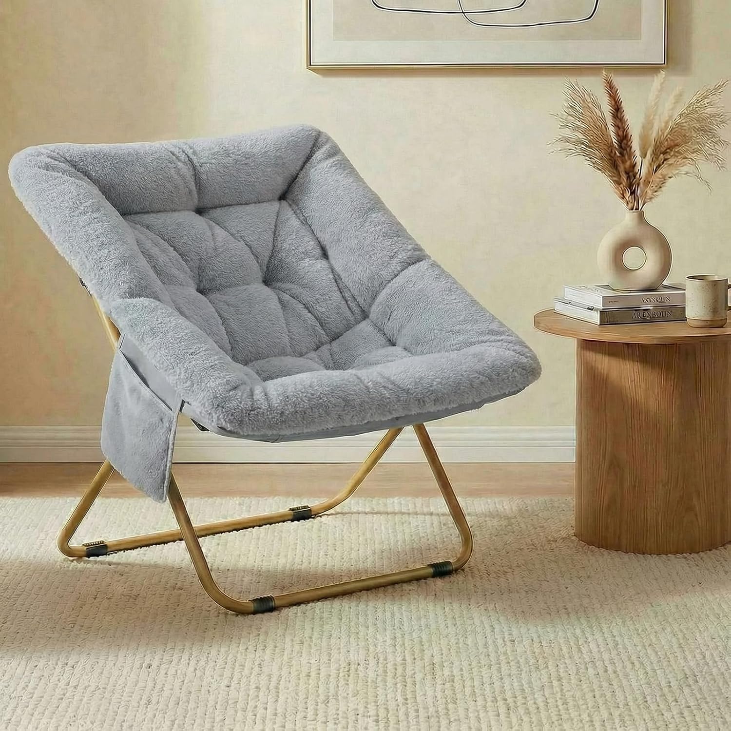Folding Saucer Chair, Comfy Reading Chair with Soft Thick Padded Seat | Plush Faux Fur Lounge Chair for Small Space, Bedroom, Dorm, Living Room, X-Large Lazy Chair for Adults Teens Kids