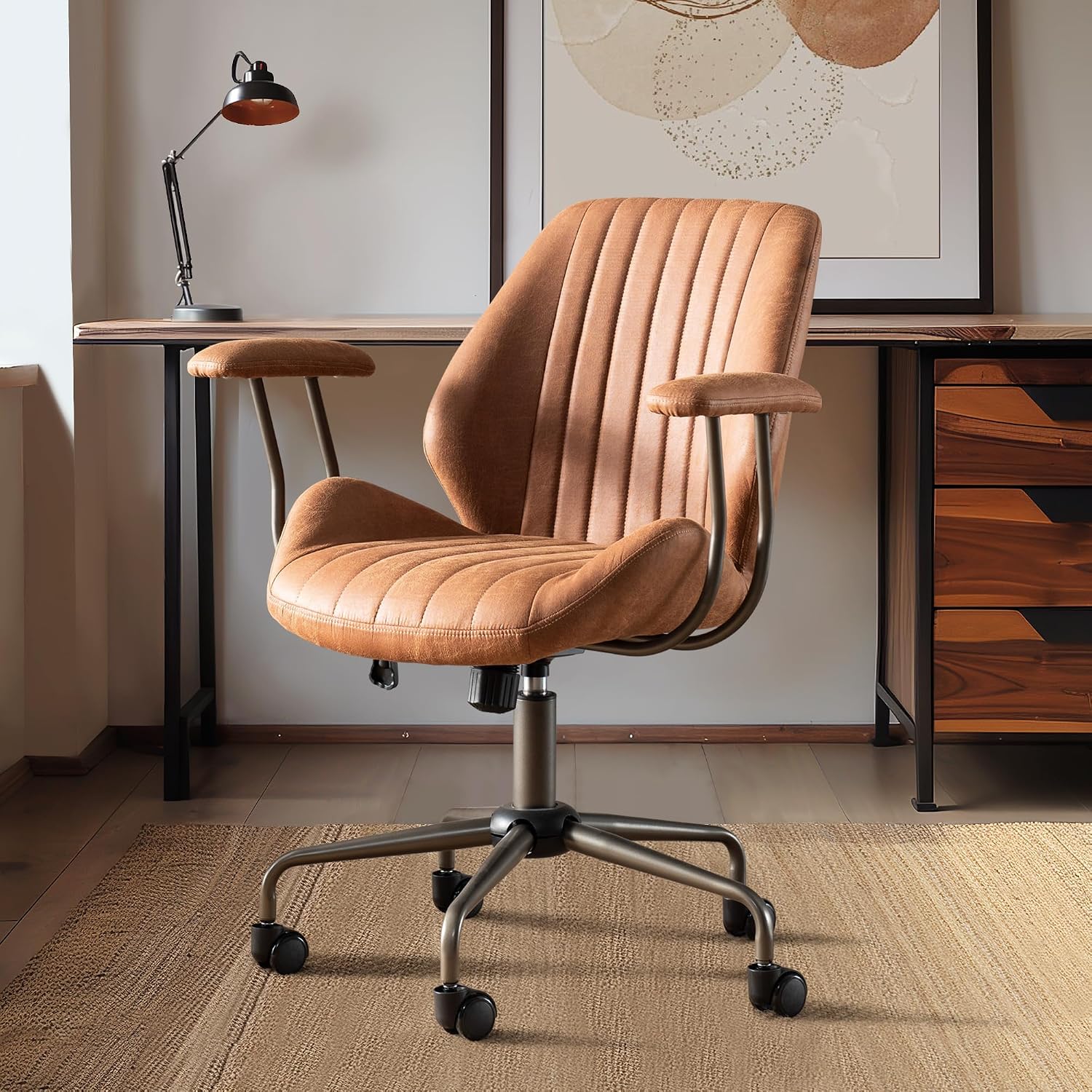 Mid Century Modren Office Chair,Mid Back Ergonomic Executive Chair with Lumbar Support, Computer Desk Swivel Task Chair with Wheels, Faux Lether Suede Fabric Home Chair, Brown