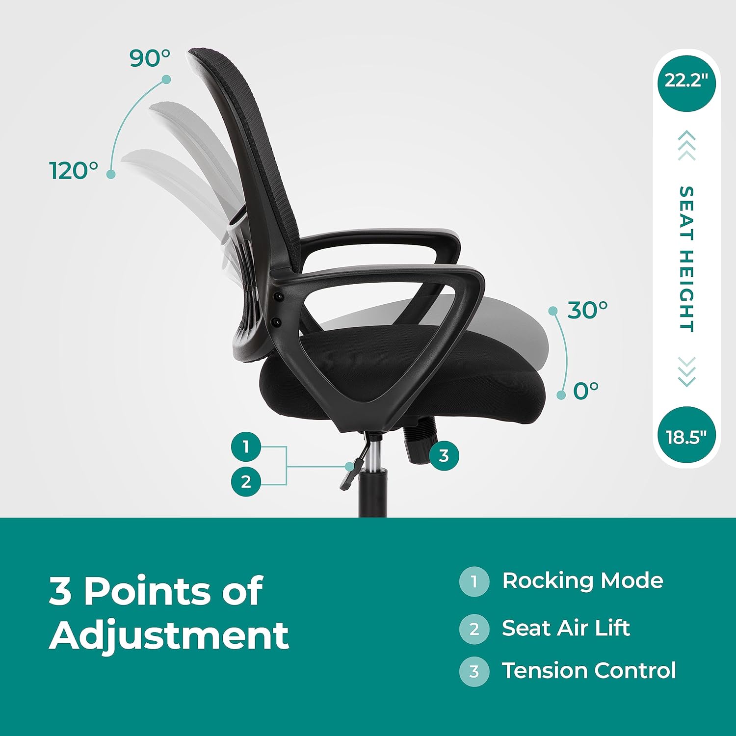 OLIXIS Home Office Chair, Mid Back Computer Ergonomic Mesh Desk with Large Seat, Executive Height Adjustable Swivel Task with Lumbar Support and Armrest, for Adults, Black