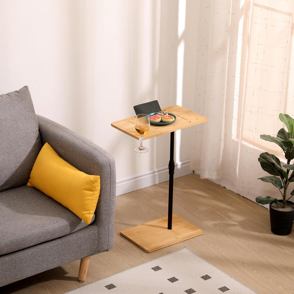 Bamboo Couch Tray Table Height Adjustable C-Shaped End Table with Slots 2 Tier Sofa Side Table for Living Room & Bedroom (Rectangle + Rectangle) (Natural + Metal + Modern)