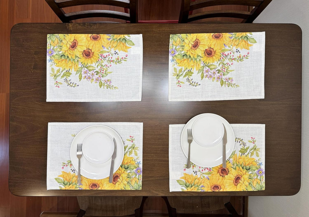 Sunflower Placemats Set of 4, 18"x13" Linen Look Farmhouse Placemats, Washable Heat Resistant Table Placemats for Kitchen, Dining Room, Outdoor Patio