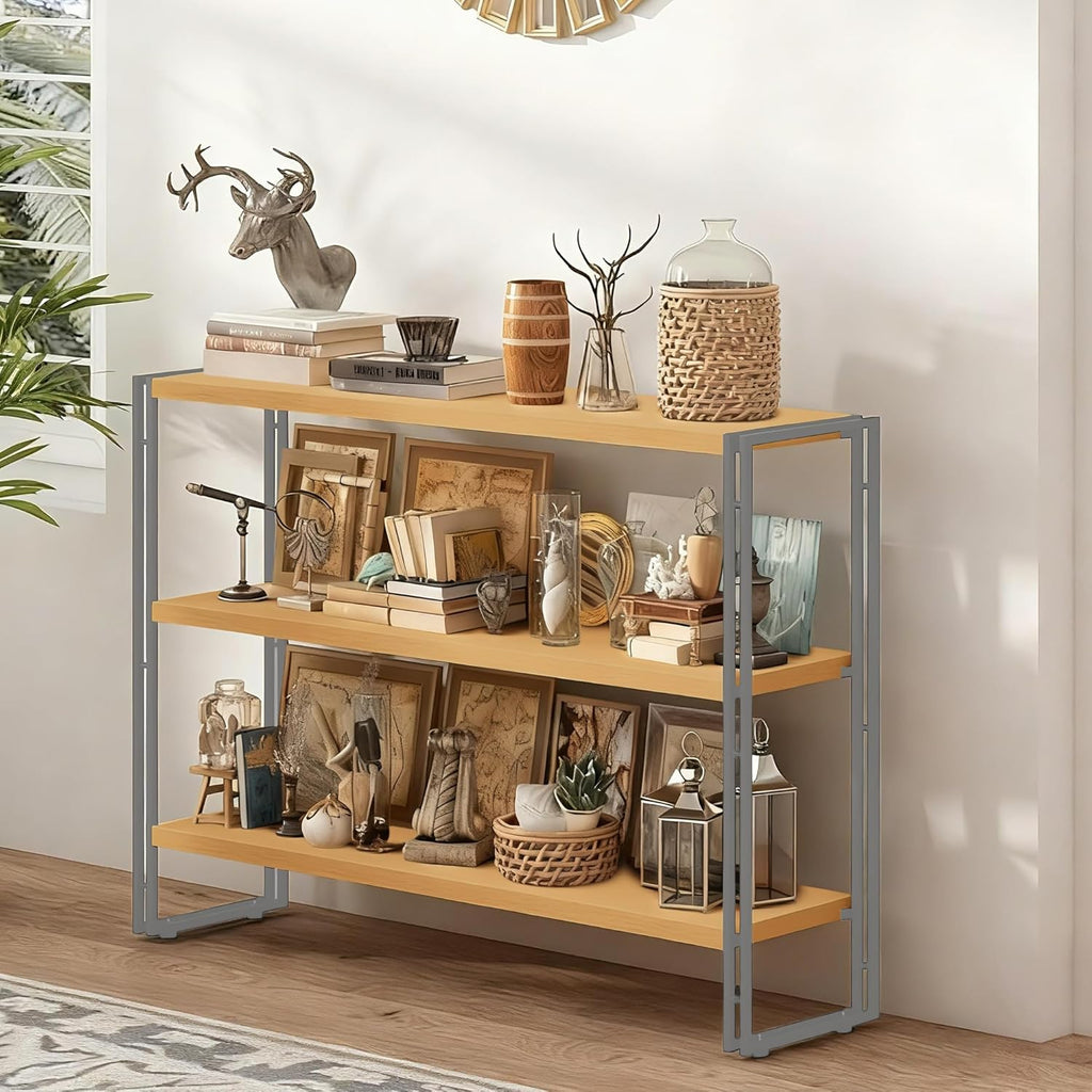 J.M.Deco 3-Tier Industrial Ladder Shelf, 44" Rustic Wood and Metal Open Bookshelf, Heavy Duty Wall Mounted Bookcase Shelving Unit for Small Space, Living Room, Bedroom, Home Office