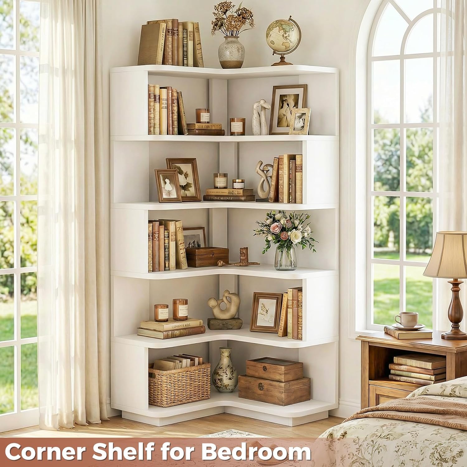 Besiost Corner Book Shelf, 6-Shelf Corner Bookshelf for Small Corner Spaces, L-Shape Bookcase Corner Display Shelf for Home Office, Living Room, Bedroom, White