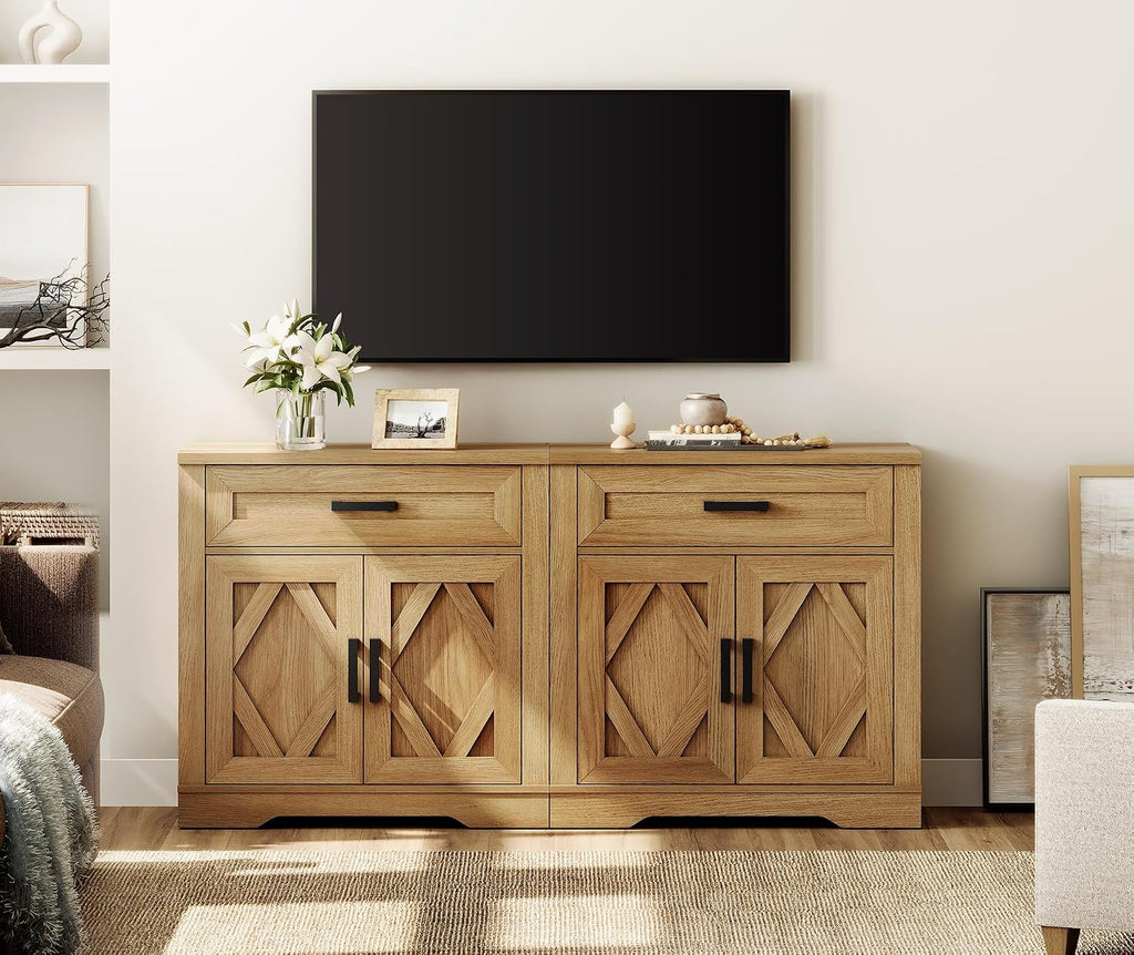 WAMPAT 2-in-1 Vintage Farmhouse Style Buffet Sideboard Cabinet with Storage, 63-inch Rustic Wood Accent Cabinet with Drawers and Barn Doors for Kitchen, Coffee Bar,Walnut