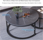 Nesting Coffee Tables Set of 2 Furniture Round Living Room Table Sets Side Tables for Bedroom with Top and Black Metal Frame(F)