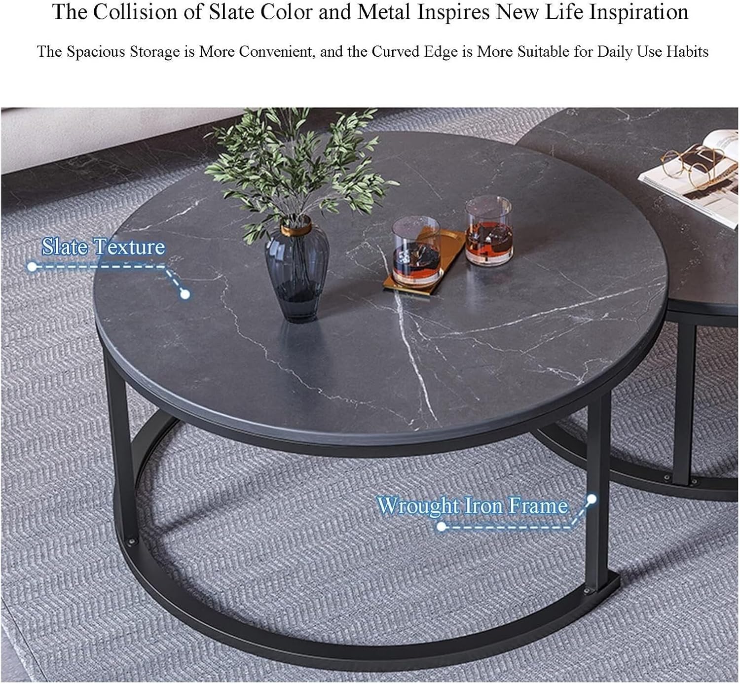 Nesting Coffee Tables Set of 2 Furniture Round Living Room Table Sets Side Tables for Bedroom with Top and Black Metal Frame(F)