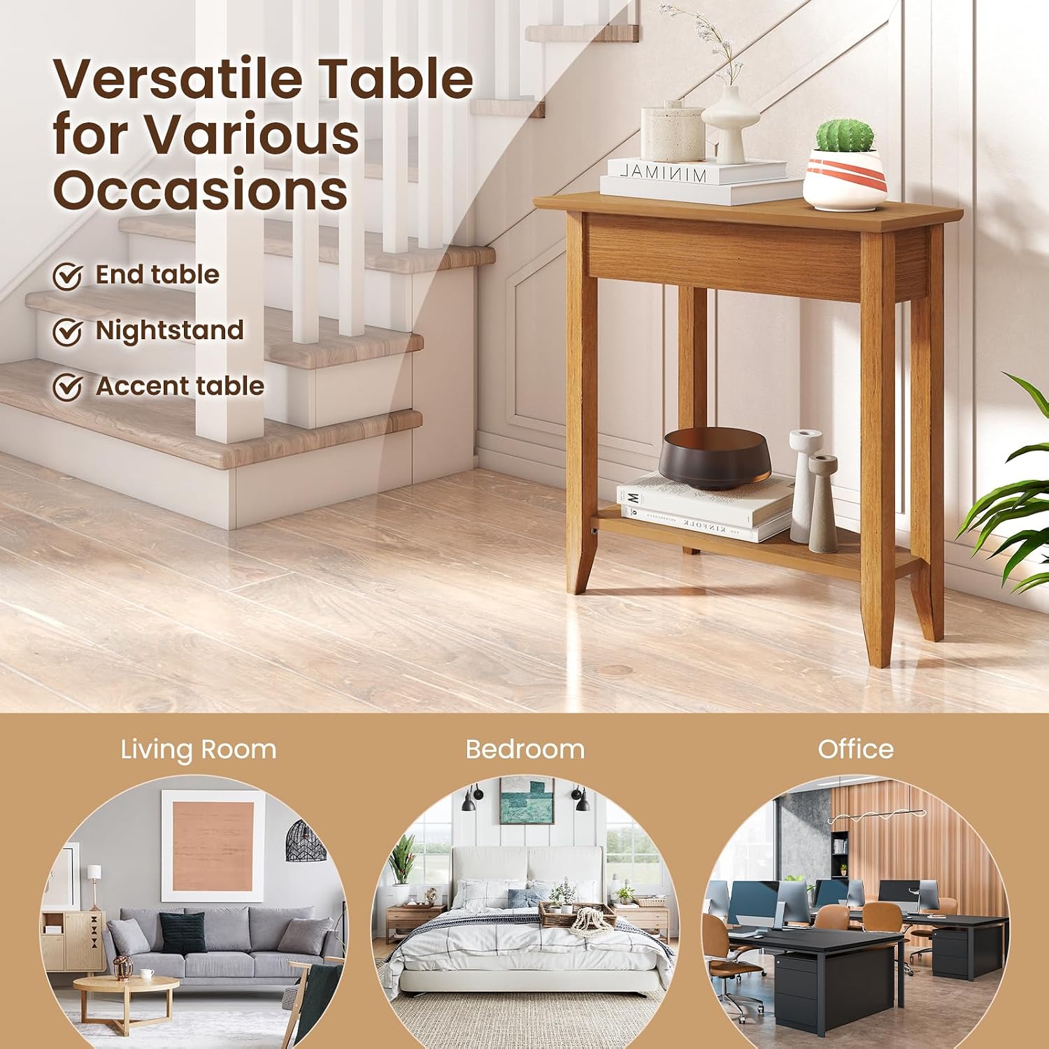 GOFLAME 2-Tier Wedge End Table Set of 2, Narrow Triangle Side Table with Storage Shelf, Solid Wood Legs, Nightstand, Recliner Wedge Table for Living Room, Bedroom, Small Space, Rustic Walnut