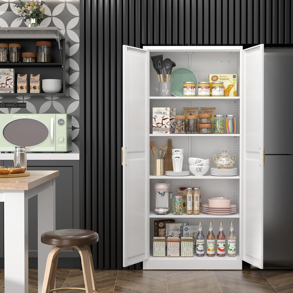 SteeLoong Kitchen Pantry Cabinet,71”White Metal Pantry Storage Cabinet with Doors and 4 Adjustable Shelves,Kitchen Cabinet with 2 Gold Handles,Tall Cabinet for Livingroom,Pantry, Bathroom,Kitchen