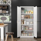 SteeLoong Kitchen Pantry Cabinet,71”White Metal Pantry Storage Cabinet with Doors and 4 Adjustable Shelves,Kitchen Cabinet with 2 Gold Handles,Tall Cabinet for Livingroom,Pantry, Bathroom,Kitchen