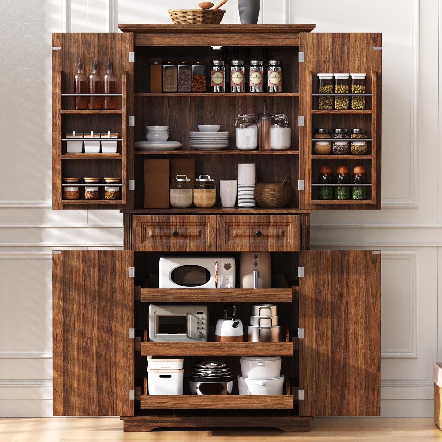 Ball & Cast 71" Farmhouse Kitchen Pantry Cabinet with 3 Pull-Out Organizers, Tall Storage Cabinet with 4 Doors, 2 Drawers, 6 Door Shelves & Adjustable Shelves, Freestanding Cupboard, Rustic Brown
