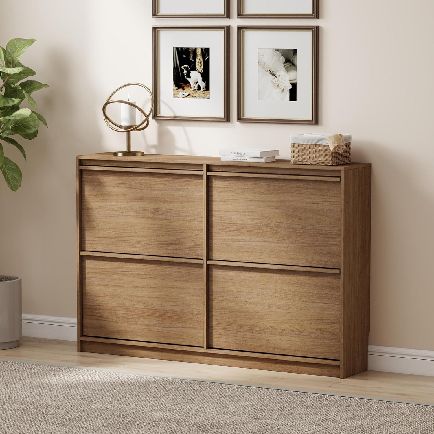 Shoe Storage Cabinet for Entryway with 4 Flip Drawers, Wooden Shoe Organizer Cabinet with Adjustable Shelf, Slim Freestanding Shoe Rack for Entryway, Hallway, Living Room, Walnut