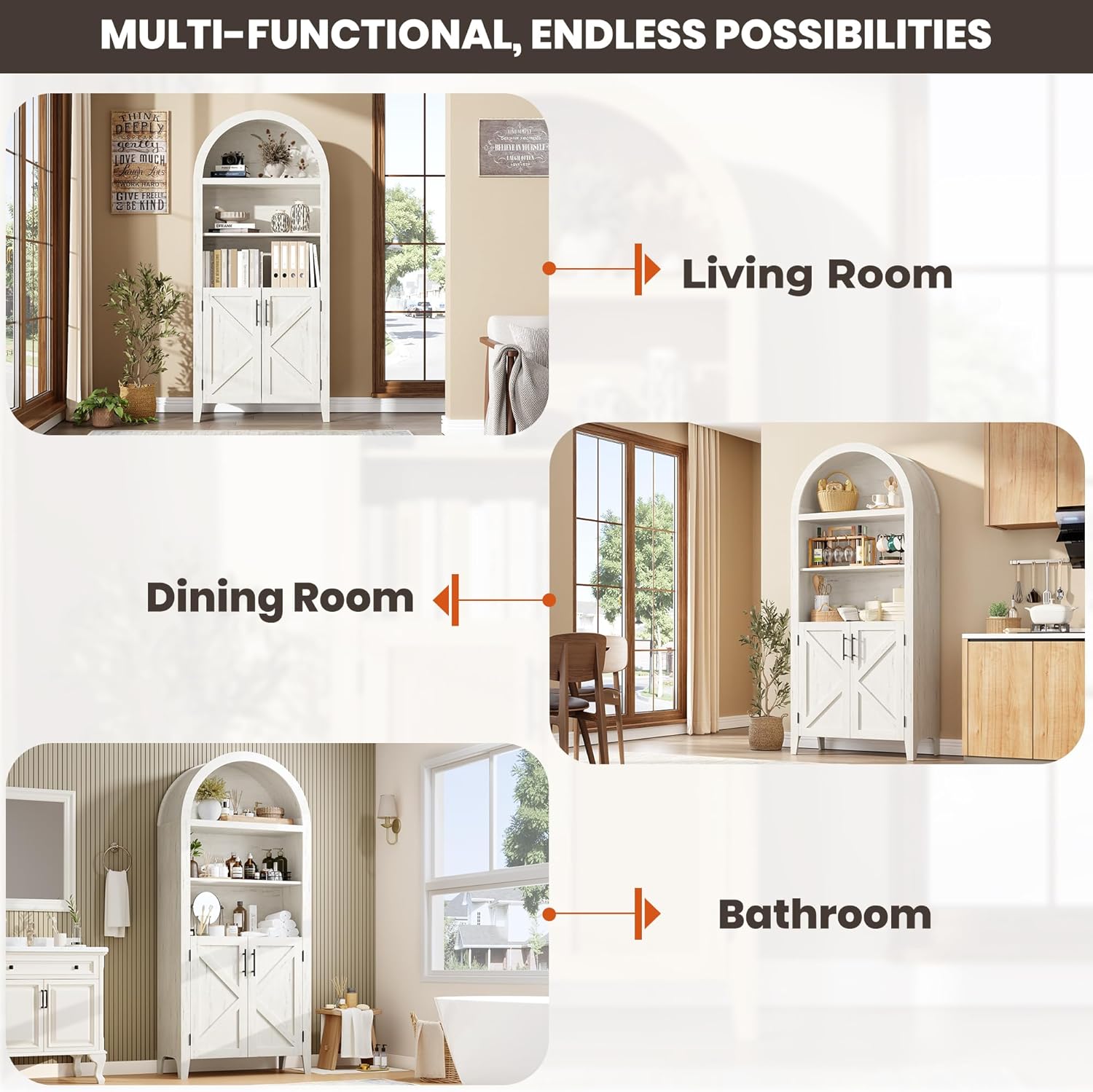 Garvee Arched Cabinet with Doors, 5-Tier Kitchen Pantry Cabinet with Adjustable Shelves, Wooden Open Farmhouse Storage Organizer for Kitchen, Dining Room, Living Room, Home Office, White