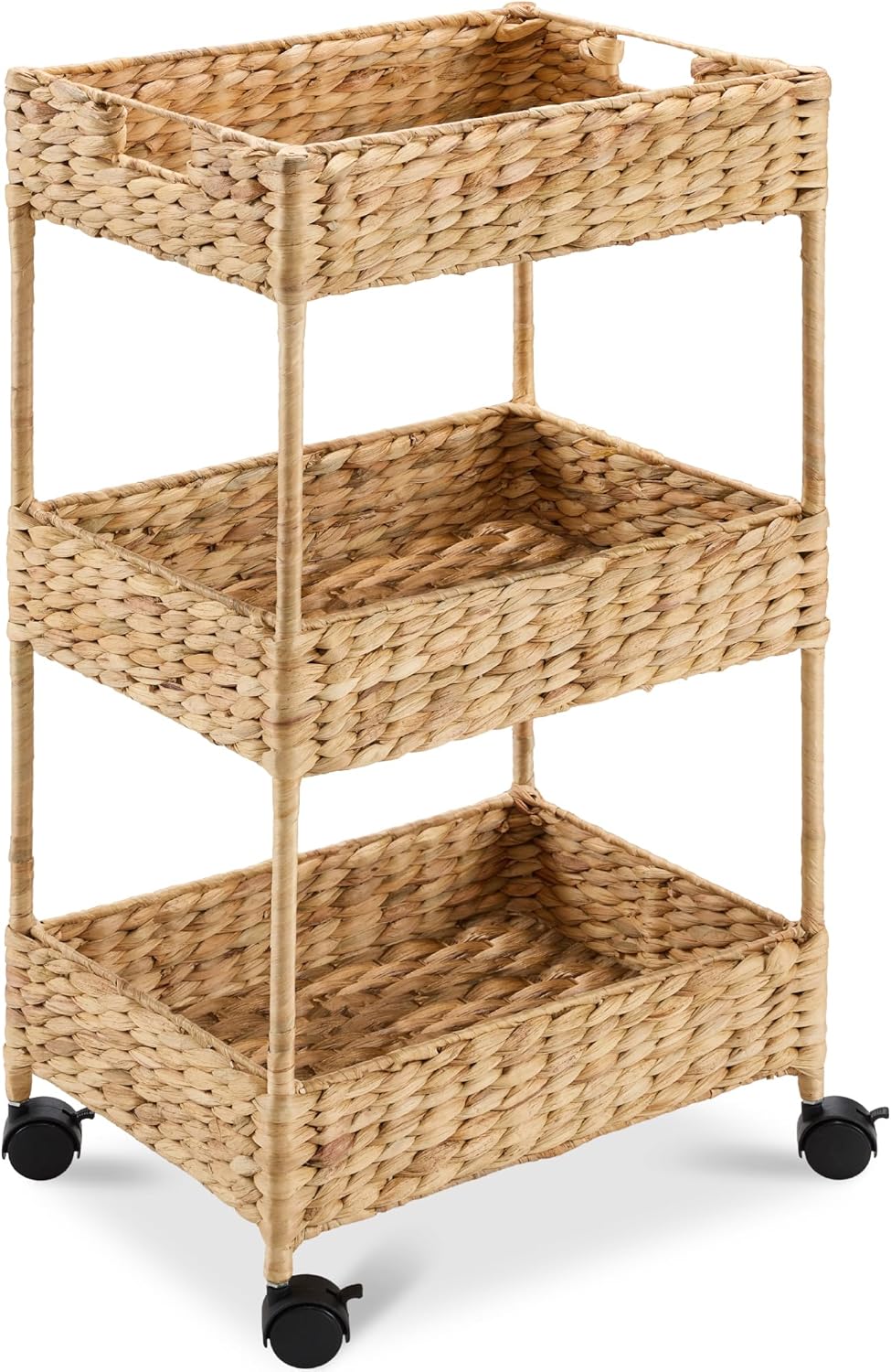 Best Choice Products 3-Tier Water Hyacinth Rolling Nursery Caddy w/Wheels, Utility Cart, Storage Organization for Bathroom, Craft Room, Laundry Room - Natural
