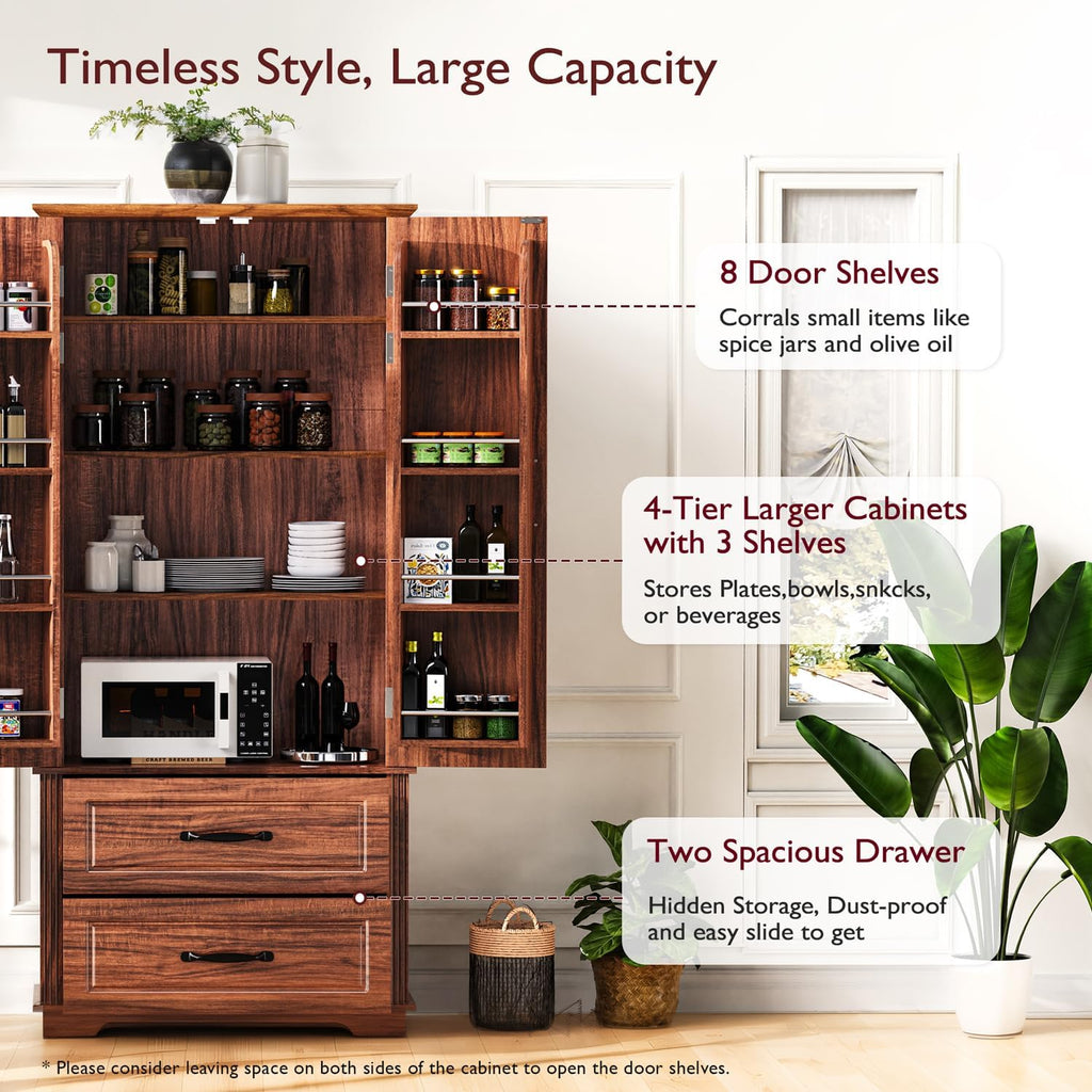 71" Farmhouse Kitchen Pantry Cabinet with 2 Large Drawers,Wood Freestanding Cupboard Cabinet with 8 Door Shelves and 3 Shelves for Kitchen,Dining Room,Living Room,Laundry (Brown)