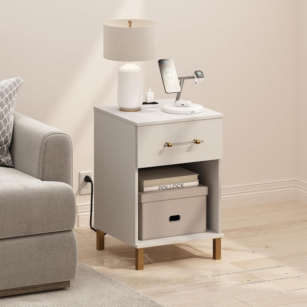 Furinno Tidur Side Table with Charging Station, End Table, Night Stand, Bedside Table with USB and Type-C Charging Port, for Living Room, Bedroom, Plain White