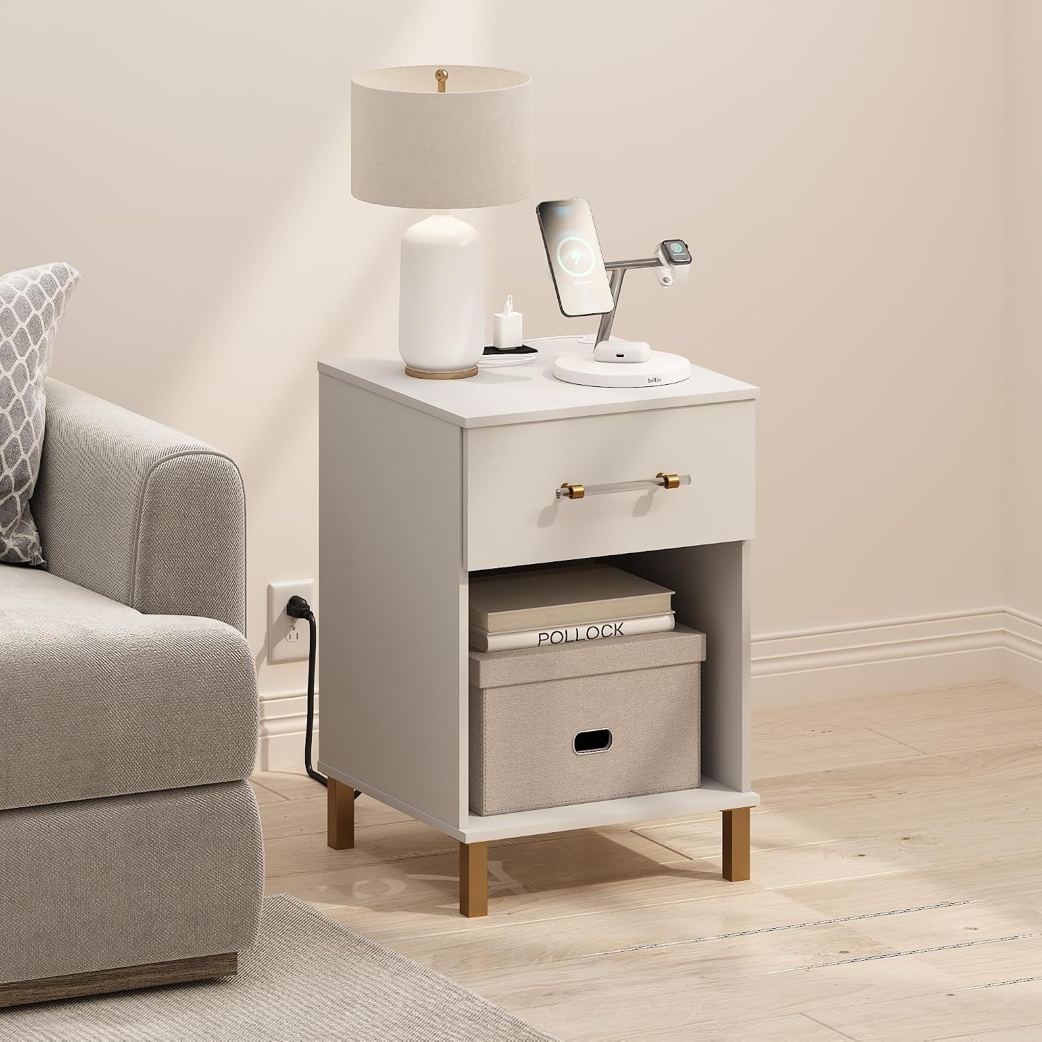 Furinno Tidur Side Table with Charging Station, End Table, Night Stand, Bedside Table with USB and Type-C Charging Port, for Living Room, Bedroom, Plain White