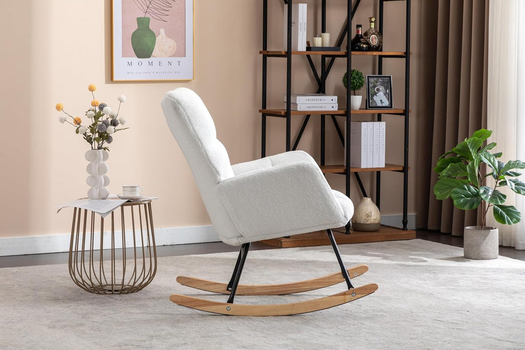 Adulto Teddy Fabric Rocking Chair Outdoor Indoor, Wooden Rocking Chair,A1 | Soft teddy fabric rocking chair with sturdy wooden frame, metal base, and floor protection. Ideal for indoor nursery, li