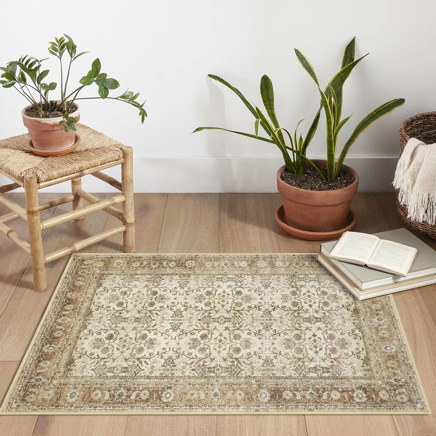 SIILOOM 2x3 Washable Rug Soft Area Rug for Entryway, Beige Brown Non-Slip Indoor Door Mat Tribal Floral Low-Pile Kitchen Rugs, Vintage Tribal Carpet for Entrance Kitchen Farmhouse