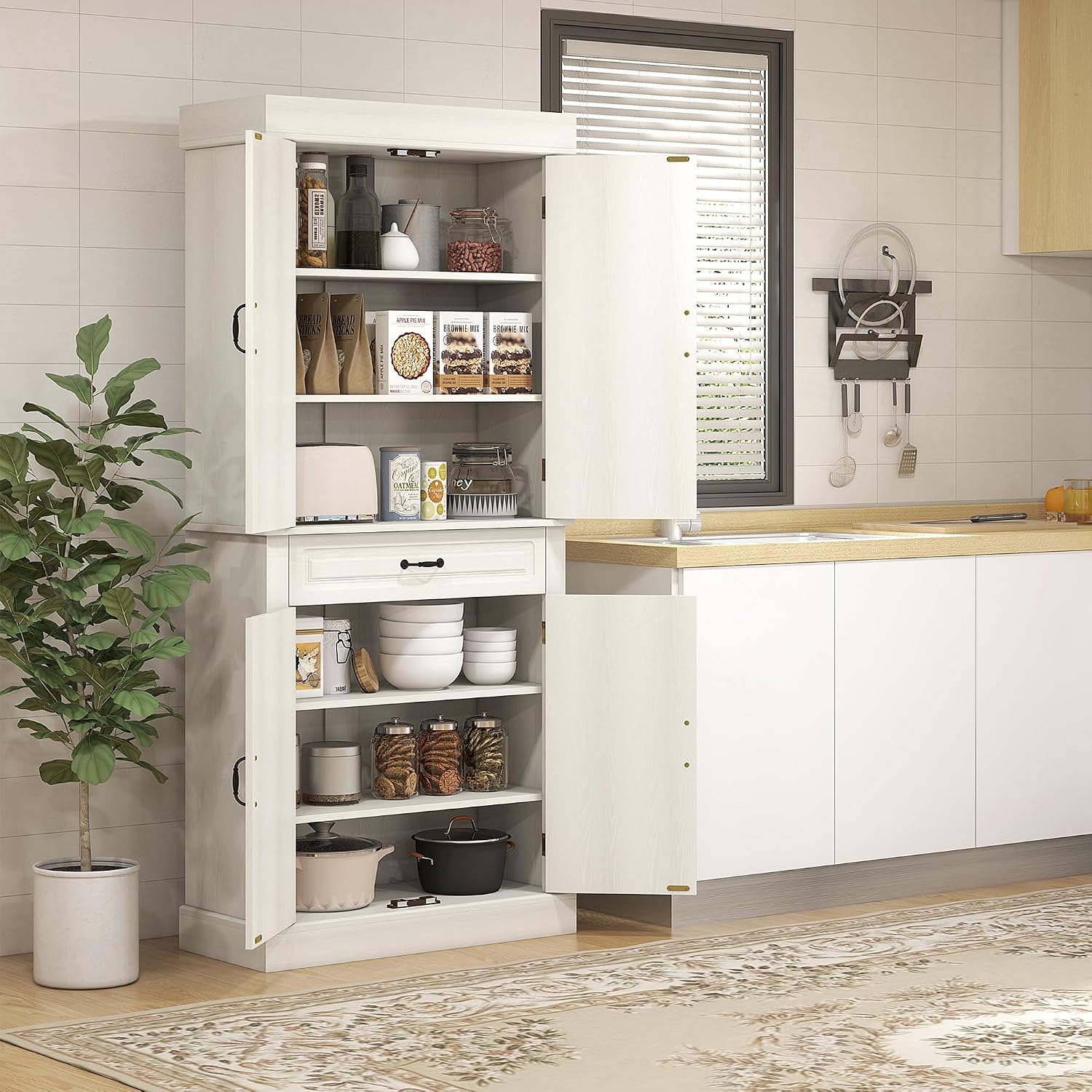 HOMCOM 71" Freestanding Kitchen Pantry Cabinet, Tall Storage Cabinet with 4 Doors and Drawer for Dining Room, Distressed White