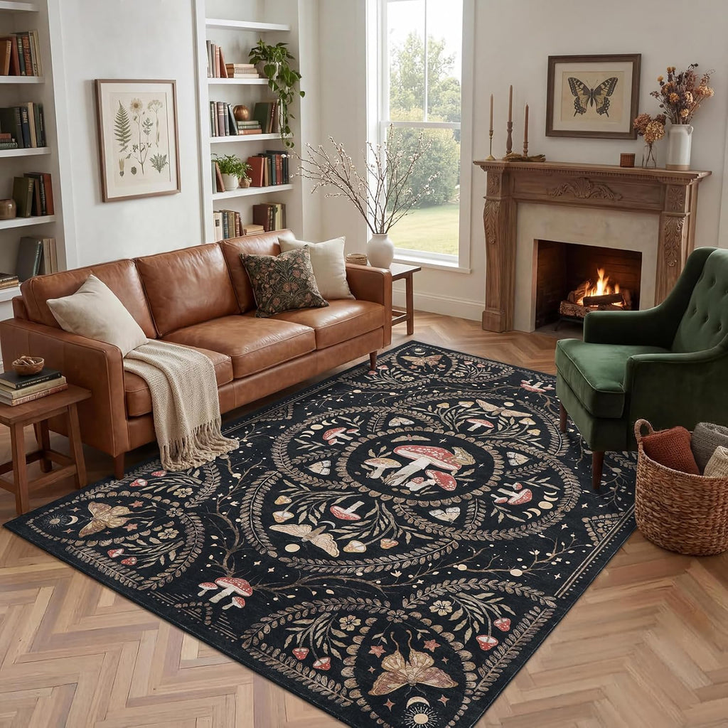 Garvee Mushroom 5x7 Area Rugs for Living Room, Dark Academia Gothic Rug, Non Slip Animal Print Washable Rugs 5x7 Low Pile Bedroom Decor Bug Carpet with Rubber for Playroom Dining Room Office, Black