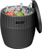 EasyUp 9.5 Gallon Outdoor Cooler Table, Wicker Round Ice Bucket for Parties, Rattan Bar Table with Top Lid Side Handles Drainage Plug, Beer Wine Cooler Side Tables for Patio, Poolside, Deck, Black