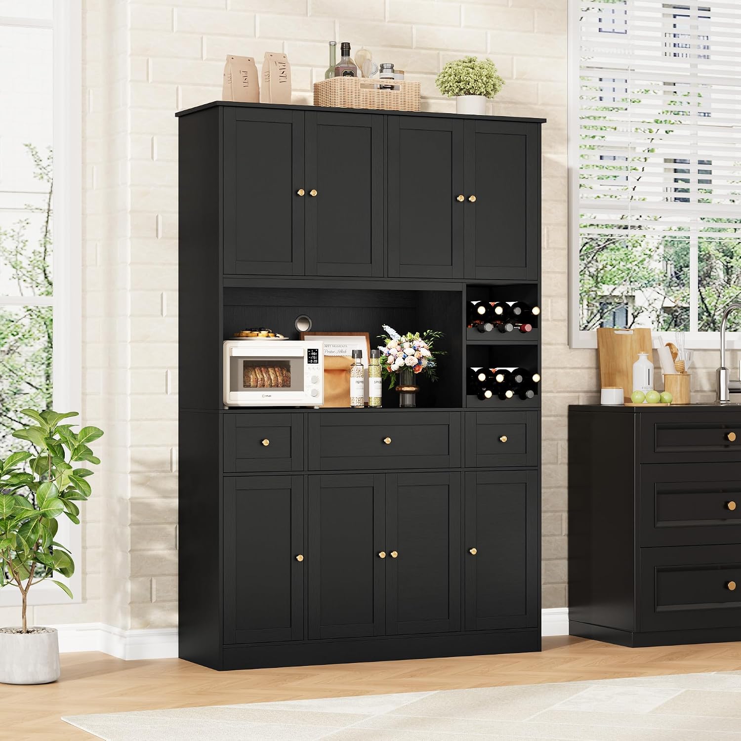 BOTLOG 72" Tall Black Pantry Cabinet, Kitchen Hutch with Wine Rack, Microwave Stand, Buffet Cabinet with Hutch for Dining Room Kitchen, Home Bar Black