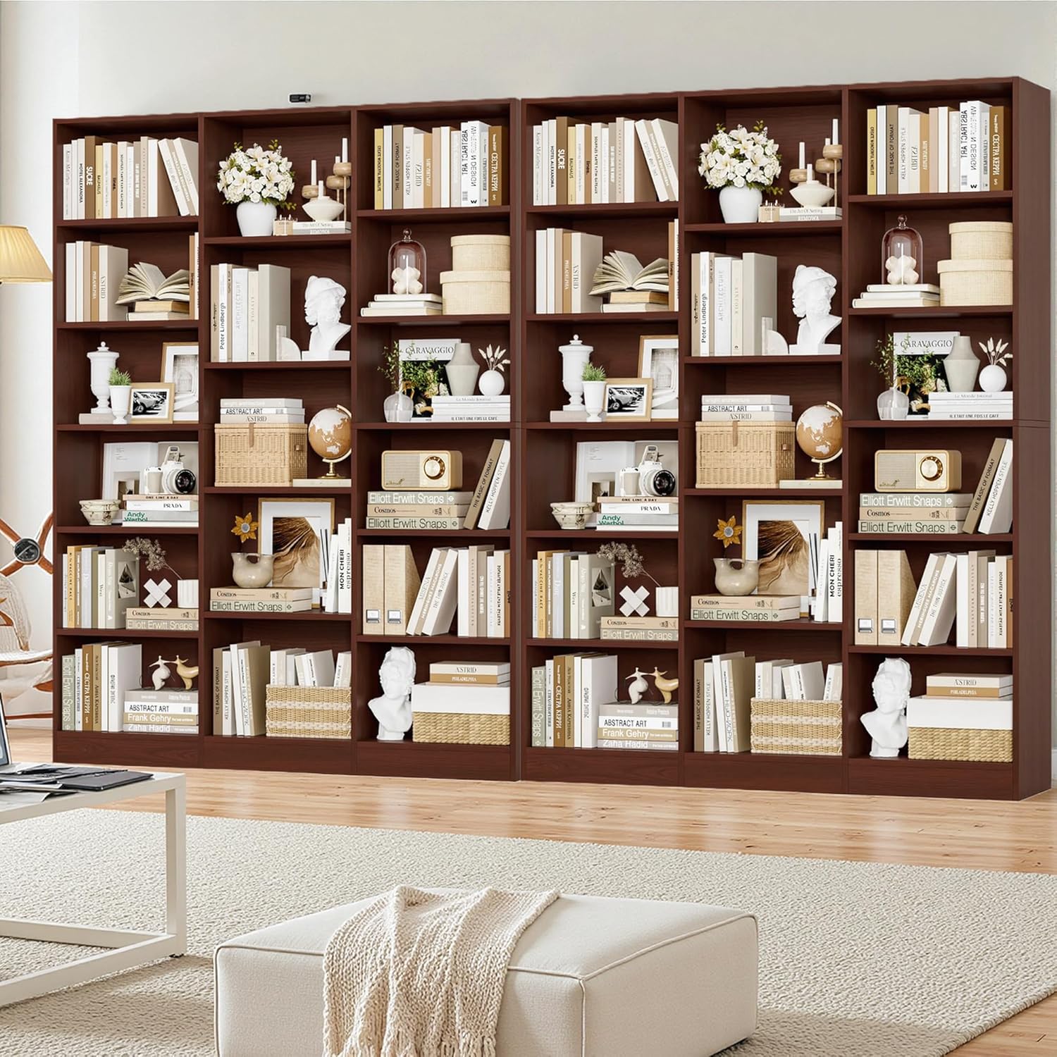 FACBOTALL Triple Wide Bookshelf, 6 Tier Large Bookshelf, Bookcase with 17 Open Display Shelves, 74'' Tall Bookcases and Bookshelves for Living Room, Home Office, Library, Cherry