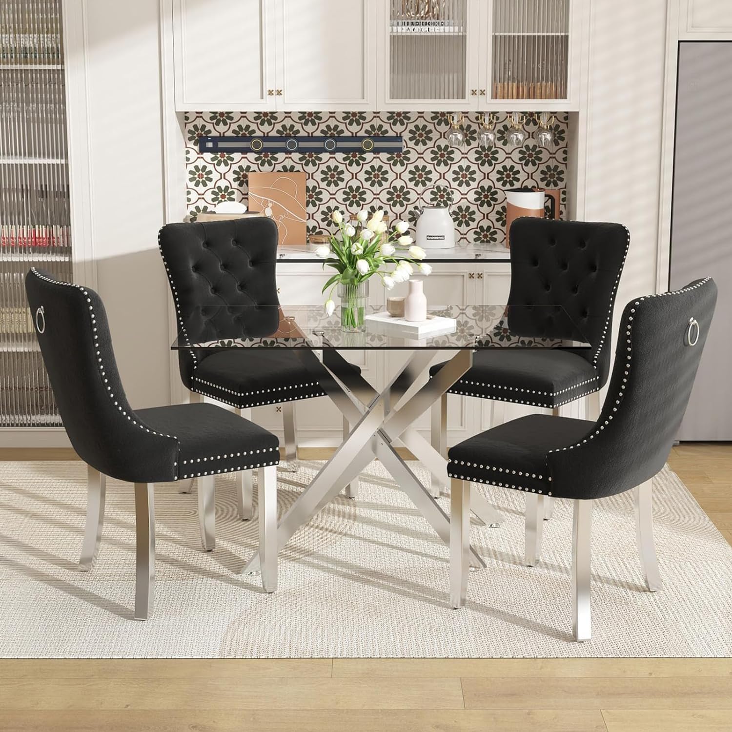 51 Inch Glass Dining Table Set for 4, Modern Rectangular Glass Kitchen Table with 4 Upholstered Velvet Chairs, Space-Saving Dining Room Set for Living Room, Kitchen, Apartment - Black Silver