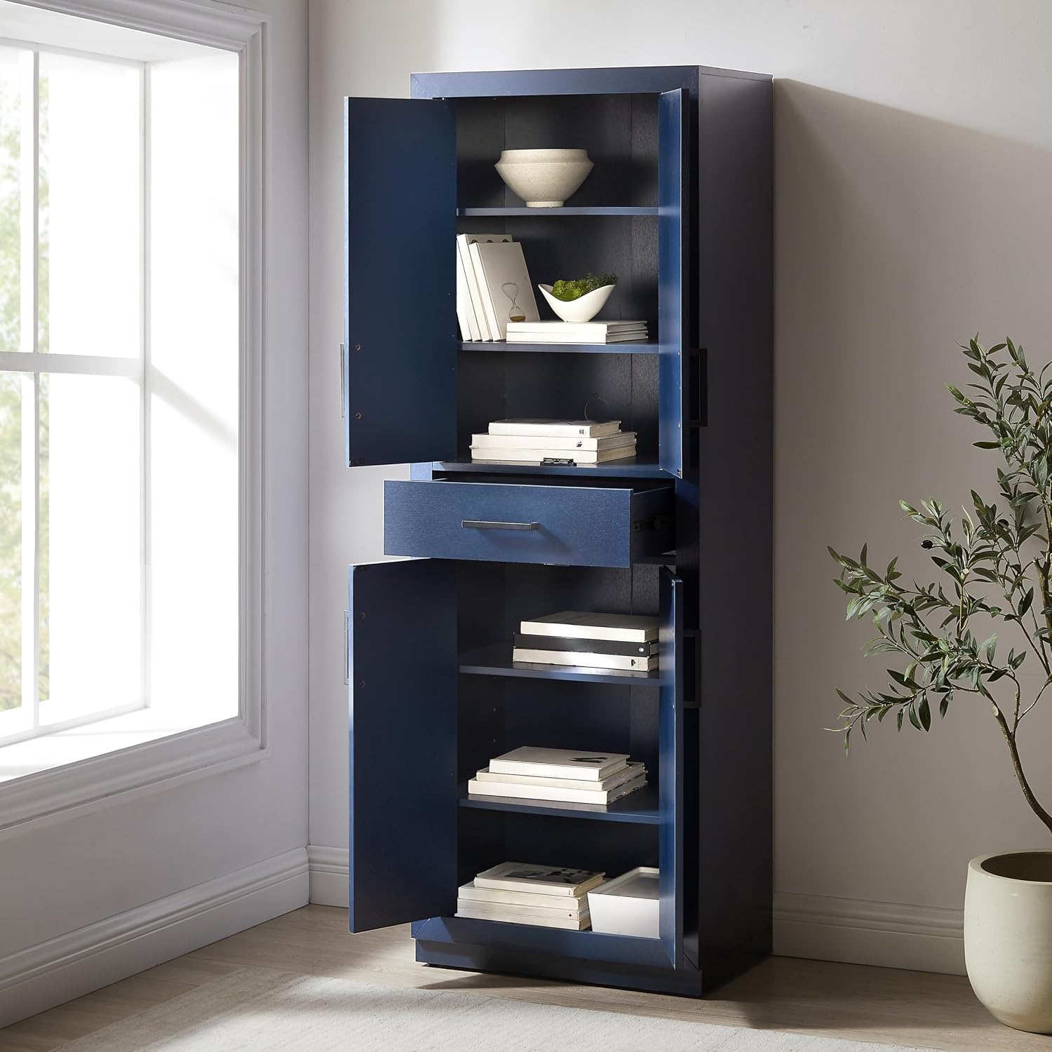 Crosley Furniture Isla Modern Kitchen Storage Pantry Cabinet with Shelves, Dining or Laundry Room, Navy