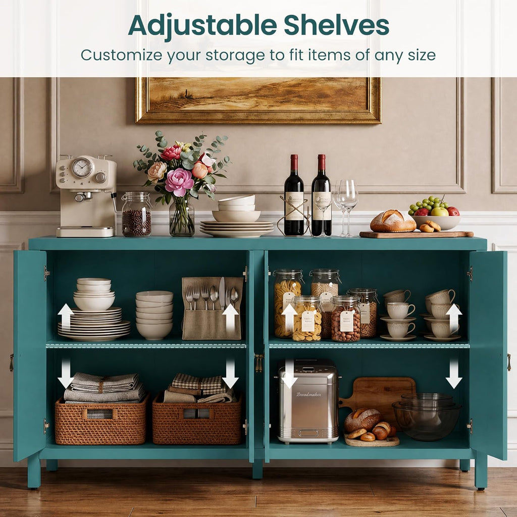 RoyalCraft Buffet Cabinet with Storage, 60" W Modern Coffee Bar Sideboard with 4 Doors & Adjustable Shelves, Painted Wooden Credenza for Dining Room, Kitchen, Living Room, Entryway, Turquoise Blue