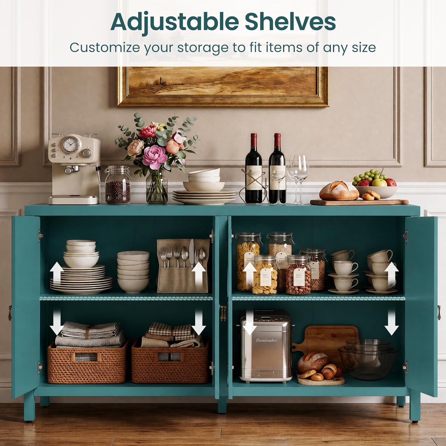 RoyalCraft Buffet Cabinet with Storage, 60" W Modern Coffee Bar Sideboard with 4 Doors & Adjustable Shelves, Painted Wooden Credenza for Dining Room, Kitchen, Living Room, Entryway, Turquoise Blue