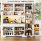 Pantry Cabinet with Glass Doors, 63" Kitchen Storage Cabinet with LED Light & Charging Station, Food Pantry Cabinet with 3 Drawers & Adjustable Shelves, Coffee Bar Cabinet for Dining Room, White