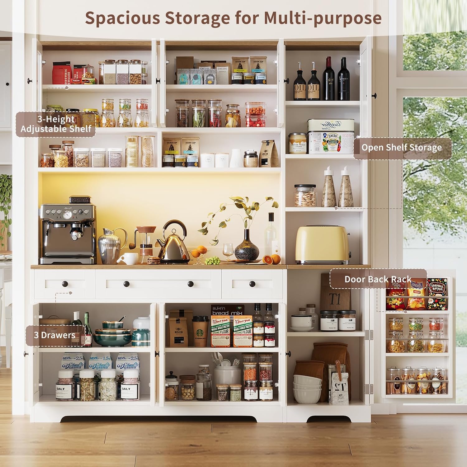 Pantry Cabinet with Glass Doors, 63" Kitchen Storage Cabinet with LED Light & Charging Station, Food Pantry Cabinet with 3 Drawers & Adjustable Shelves, Coffee Bar Cabinet for Dining Room, White