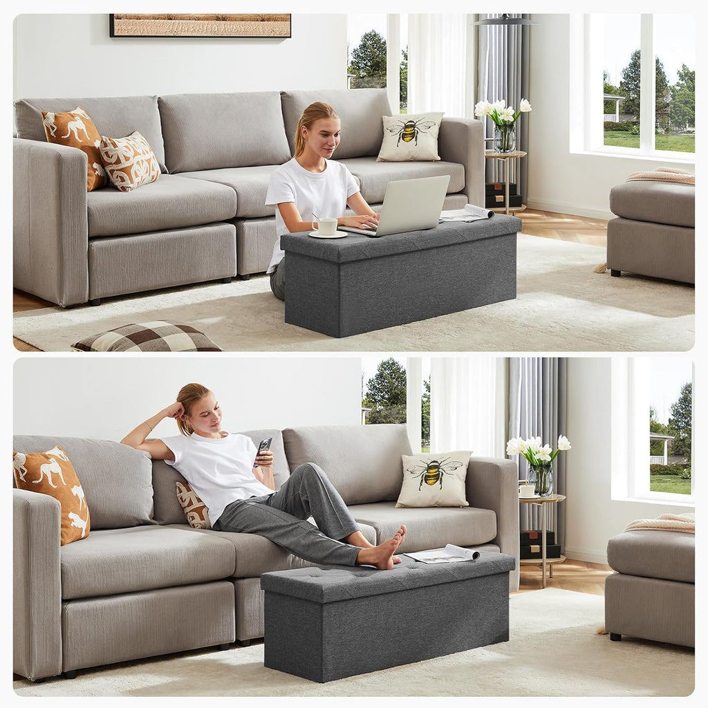DUMOS 43 Inch Folding Storage Ottoman Bench, Large Hidden Storage Chest with Thicker Foam Padded Seat, End of Bed Foot Rest Stool for Bedroom Living Room Entryway, Load 660 lbs, Grey