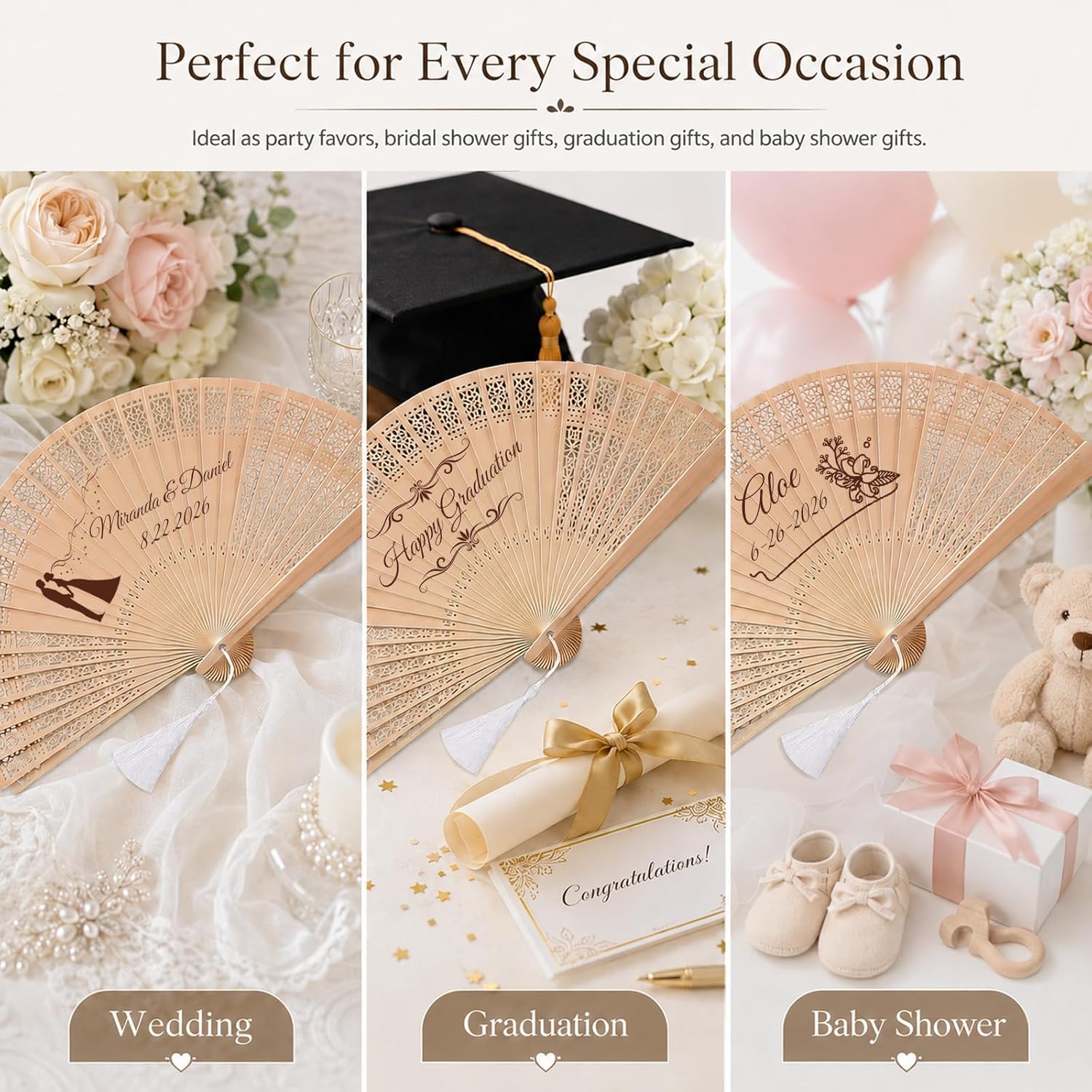 Personalized Wedding Fans for Guests, Custom Wooden Folding Hand Fans Bulk, Engraved Sandalwood Handheld Fans with Organza Bags & Tassels, Party, Bridal & Birthday Shower Favors (30PCS)