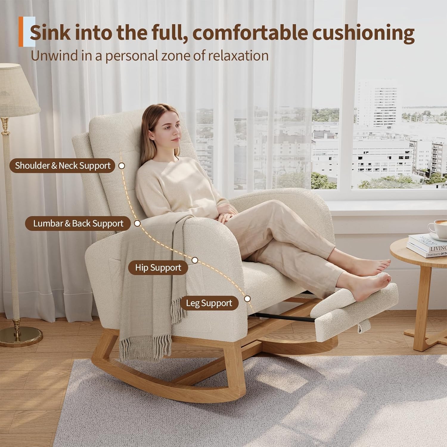 Modern Rocking Chair for Living Room, Comfortable Recliner Rocker with Side Pocket, Soft Linen Upholstered Glider Chair for Bedroom, Nursery, Lounge-Beige
