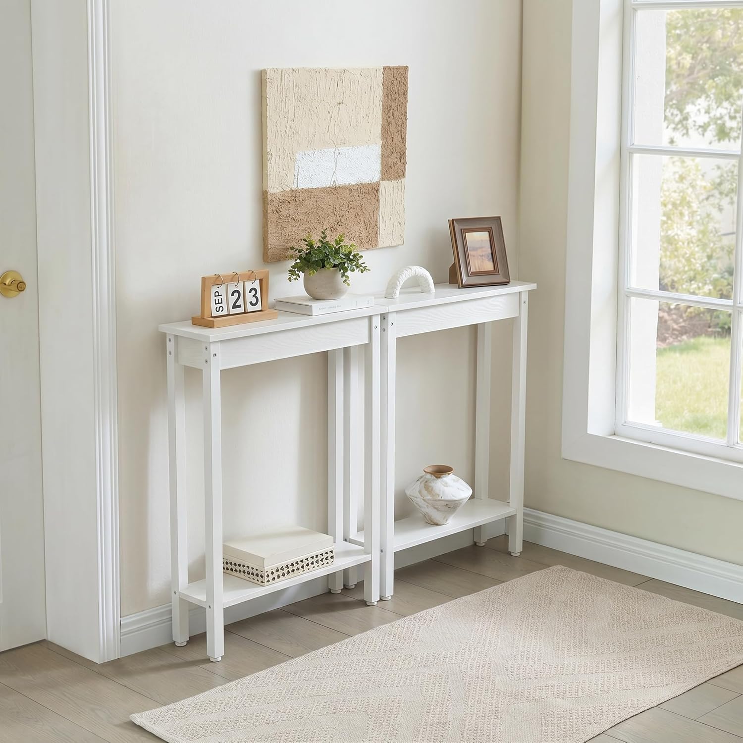 Small Console Table with Shelf Little Narrow Entryway Table Skinny Thin High Tall Display Stand for Entry Hall Hallway, Foyer, as Eextension for Long Behind Couch Sofa Table/Kitchen Countertop, White