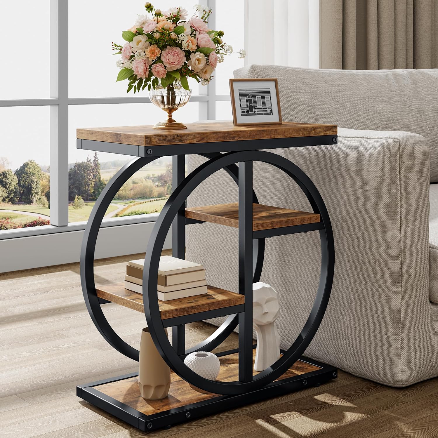 End Tables for Living Room, 4-Tier Narrow Side Table with Storage Space, Wood Slim Sofa Side Table with Geometric Metal Frame, Industrial Skinny Nightstand and Bedside Table, Rustic Brown