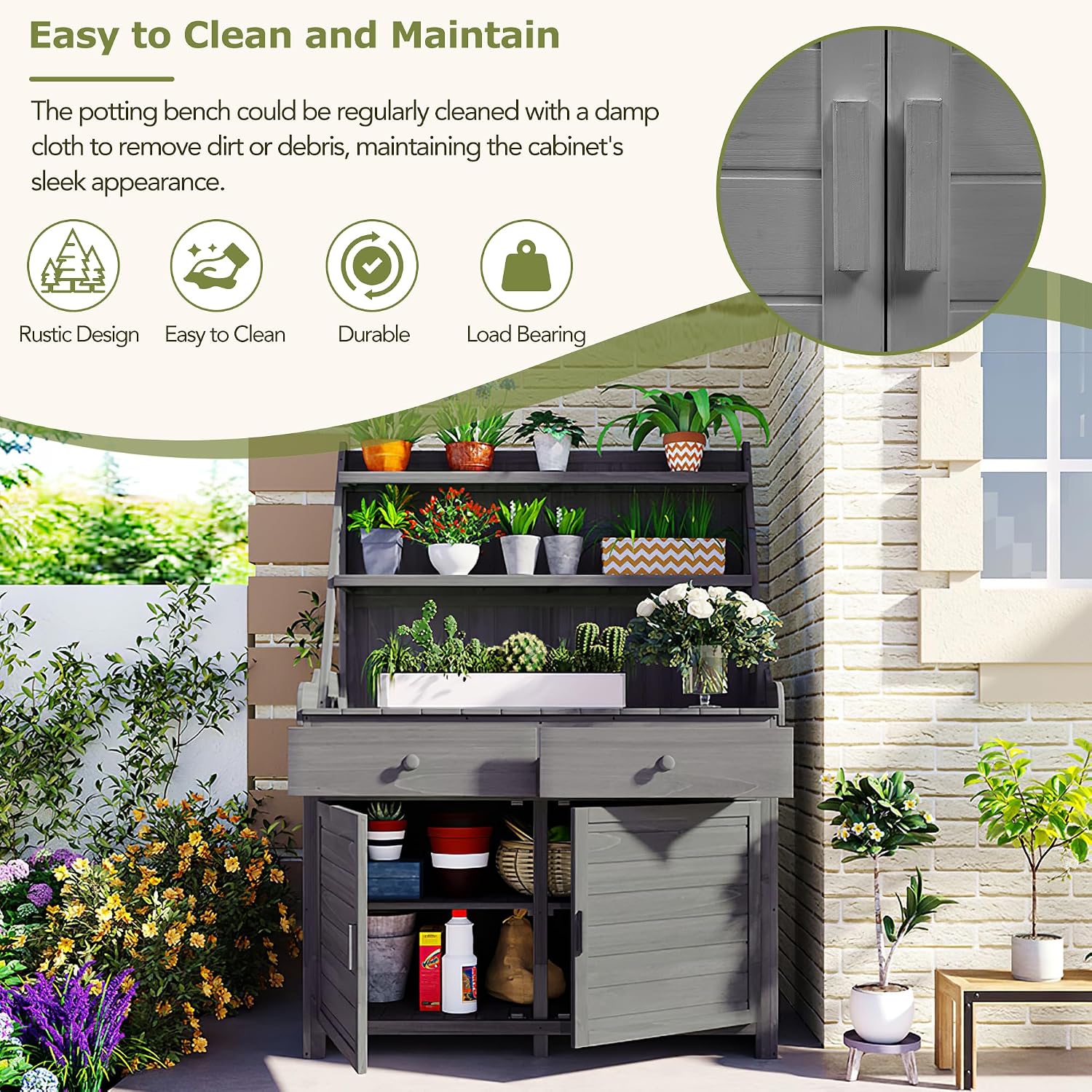 47.2" L x 65" H Outdoor Potting Bench with Storage Cabinet & Shelf, Solid Fir Wood Garden Workstation, Heavy Duty Gardening Table for Patio Backyard, Plants & Tools, Easy Assembly, Brown